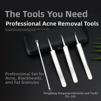 Spuogų įrankių rinkinys: spuogų klipsas ir adata, nerūdijančio plieno, elektroplatinė danga, keturių dalių rinkinys, tinka visiems odos tipams