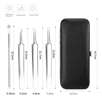 Spuogų įrankių rinkinys: spuogų klipsas ir adata, nerūdijančio plieno, elektroplatinė danga, keturių dalių rinkinys, tinka visiems odos tipams