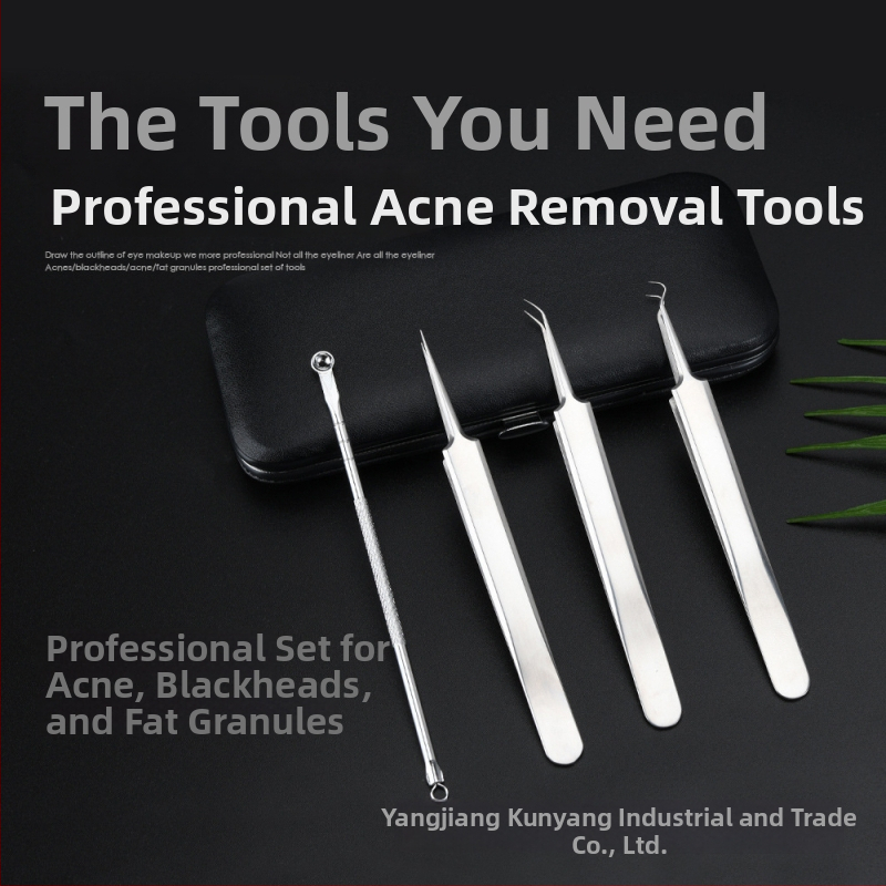 Spuogų įrankių rinkinys: spuogų klipsas ir adata, nerūdijančio plieno, elektroplatinė danga, keturių dalių rinkinys, tinka visiems odos tipams