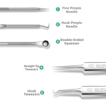 Nerūdijančio plieno aknės adatų rinkinys, 5 dalių, atnaujintas, tikslus juodųjų spuogų ir porų ekstraktorius