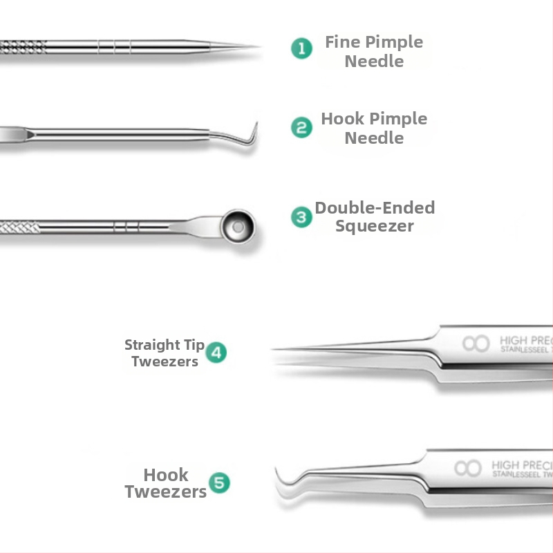 Roostevabast terasest akne nõelade komplekt, 5-osaline, täiustatud, täpne mustpeade ja pooride ekstraktor