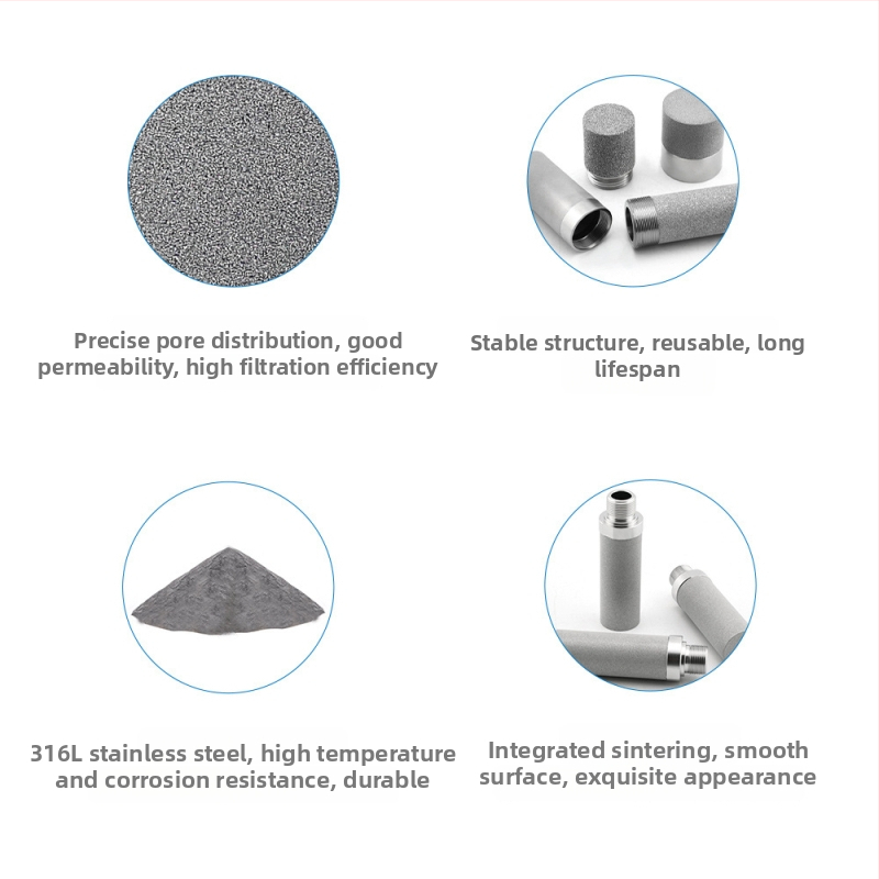 316L roostevabast terasest porosünteeritud filtrielement - kõrge temperatuuritaluvus, korrosioonikindlus, pooride 15-45%, rõhu taluvus 3-5 MPa