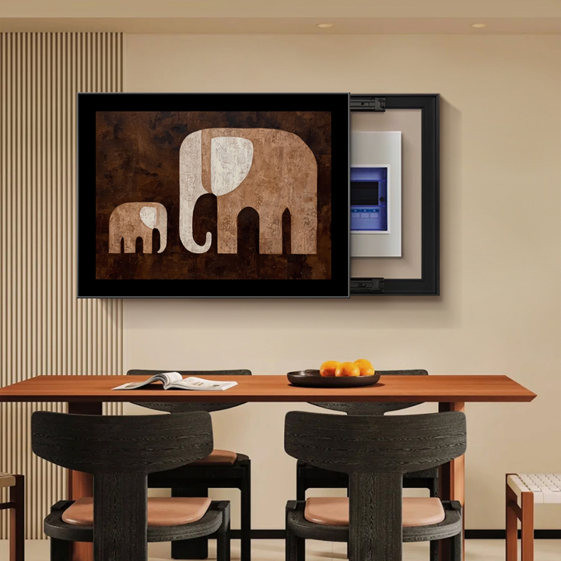 Dekoratyvinis įrėmintas paveikslas elektrinio skaitiklio dėžei su dramblio motyvu, krištolo porcelino tapyba, inkjet spausdinimas, viduramžių stilius, tinkamas svetainei ar restoranui