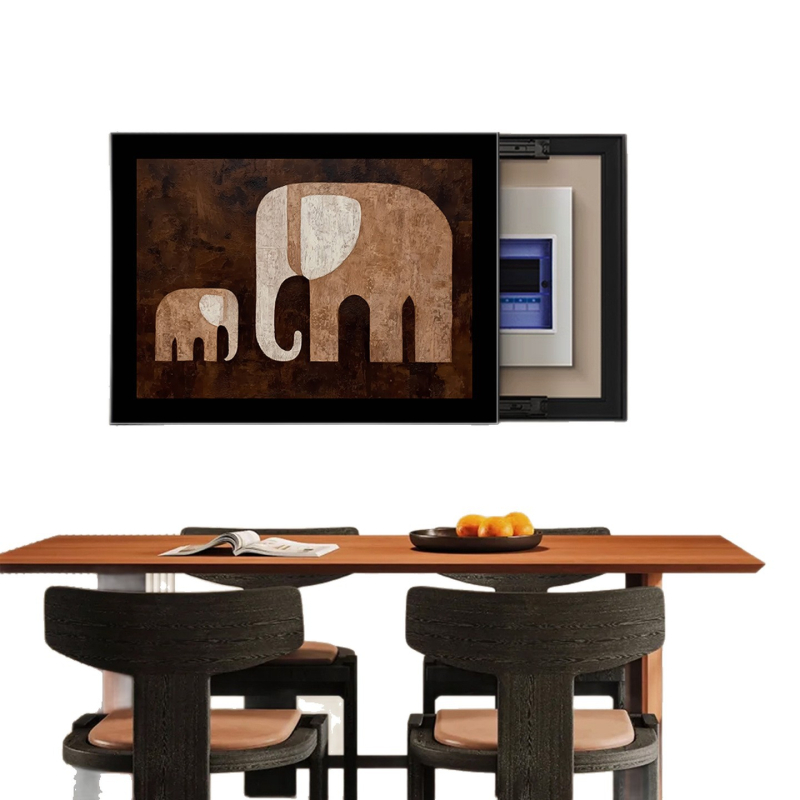 Dekoratyvinis įrėmintas paveikslas elektrinio skaitiklio dėžei su dramblio motyvu, krištolo porcelino tapyba, inkjet spausdinimas, viduramžių stilius, tinkamas svetainei ar restoranui