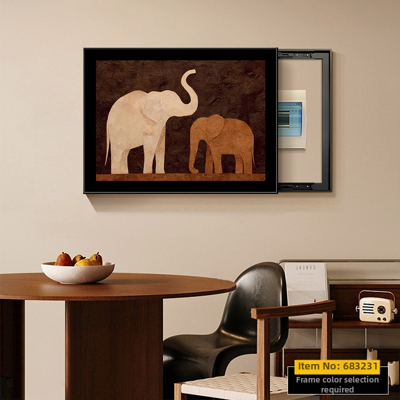 Dekoratyvinis įrėmintas paveikslas elektrinio skaitiklio dėžei su dramblio motyvu, krištolo porcelino tapyba, inkjet spausdinimas, viduramžių stilius, tinkamas svetainei ar restoranui