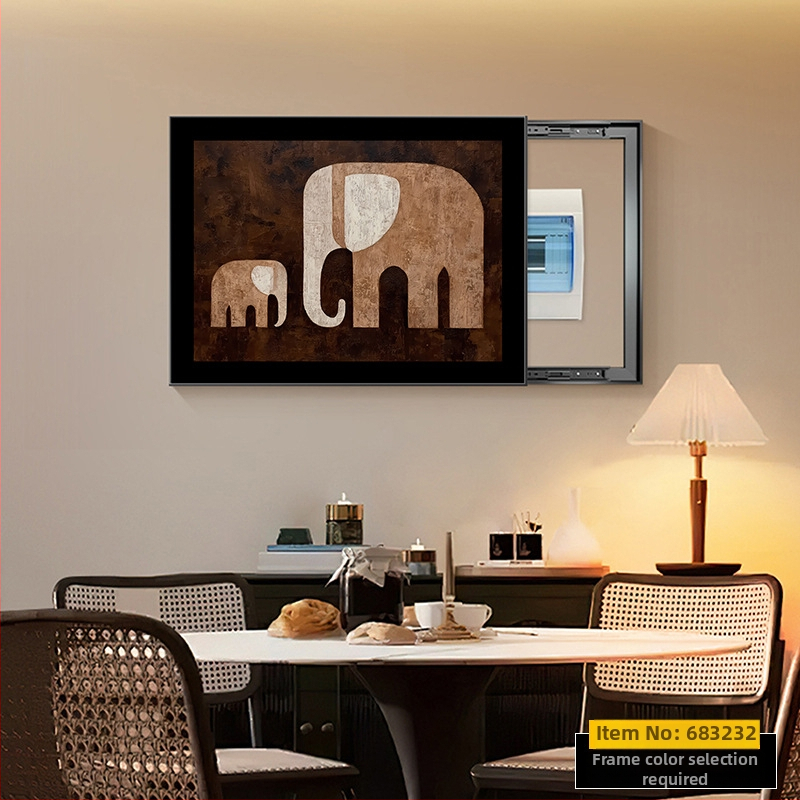 Dekoratyvinis įrėmintas paveikslas elektrinio skaitiklio dėžei su dramblio motyvu, krištolo porcelino tapyba, inkjet spausdinimas, viduramžių stilius, tinkamas svetainei ar restoranui