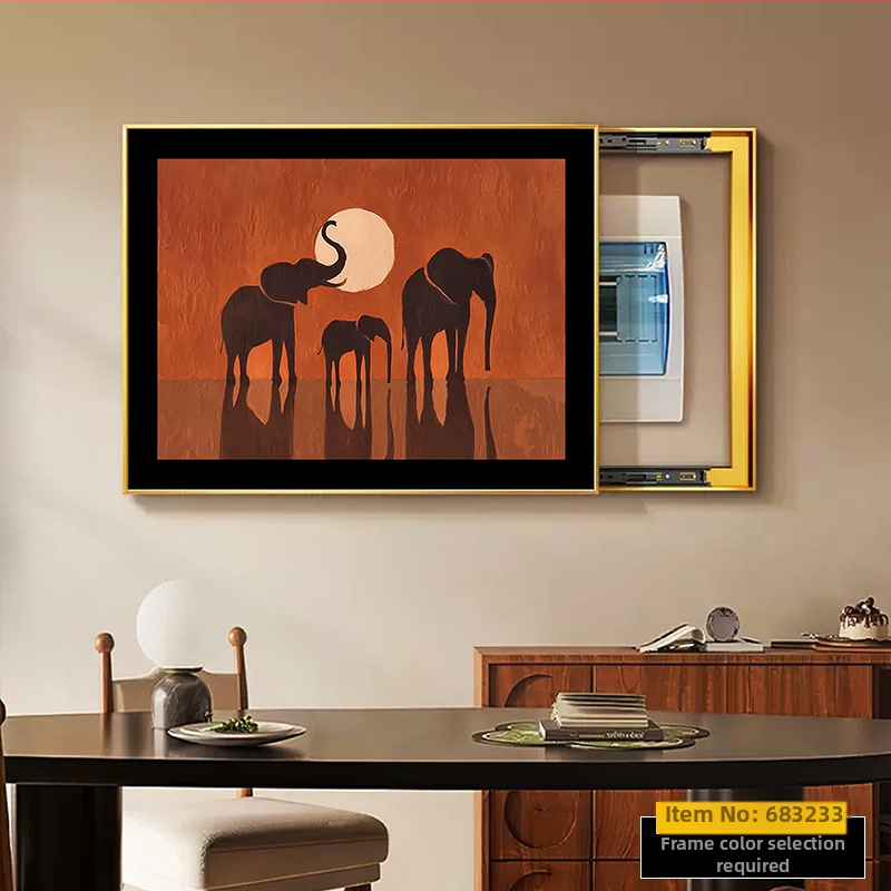 Dekoratyvinis įrėmintas paveikslas elektrinio skaitiklio dėžei su dramblio motyvu, krištolo porcelino tapyba, inkjet spausdinimas, viduramžių stilius, tinkamas svetainei ar restoranui