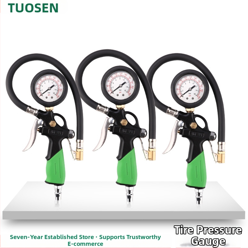 Topson padangų slėgio matuoklis su integruotu inflatoriumi, mechaninis padangų slėgio matuoklis, 0-230 PSI/BAR