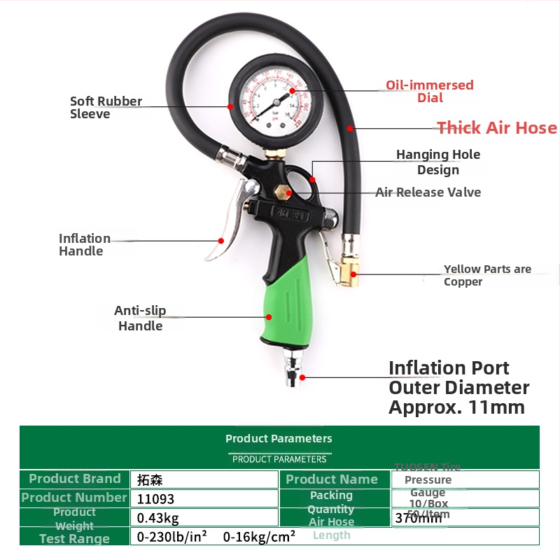 Topson riepu spiediena mērinstrument ar integrētu inflatoru, mehāniskais riepu spiediena mērinstrument, 0-230 PSI/BAR