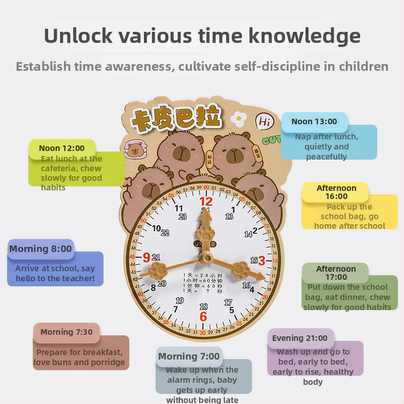 Švietėjiškas laikrodžio modelis laikui įsisavinti – kartonas/plastikas, skirtas 7–14 metų vaikams; pakuotė tinkliname maiše; skatina intelektinę plėtrą, praktinį mokymą ir interaktyvią žaidą.