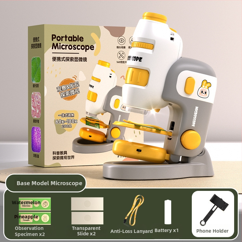 Laste mikroskoop 3-ühes, kompaktne hariv mänguasi, plastmassist, DIY-sõbralik, värvilises kastis pakendatud, mõeldud 4–6-aastastele, bioloogia/keemia (plastmass; DIY; värviline kast; 4–6 a.; bioloogia/keemia)