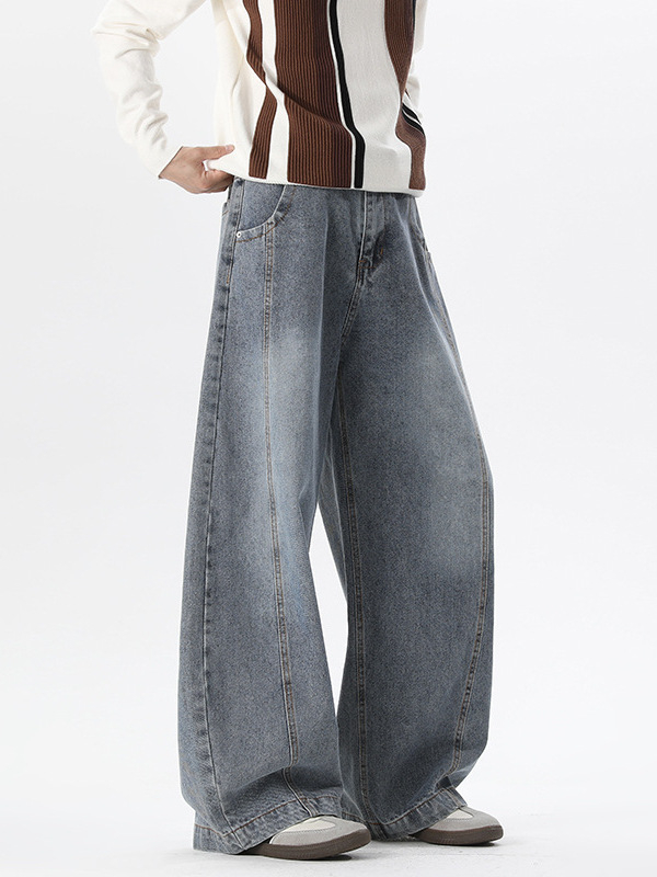 Jeanși bărbați, stil Hong Kong, croială lejeră, talie medie, nasturi în față