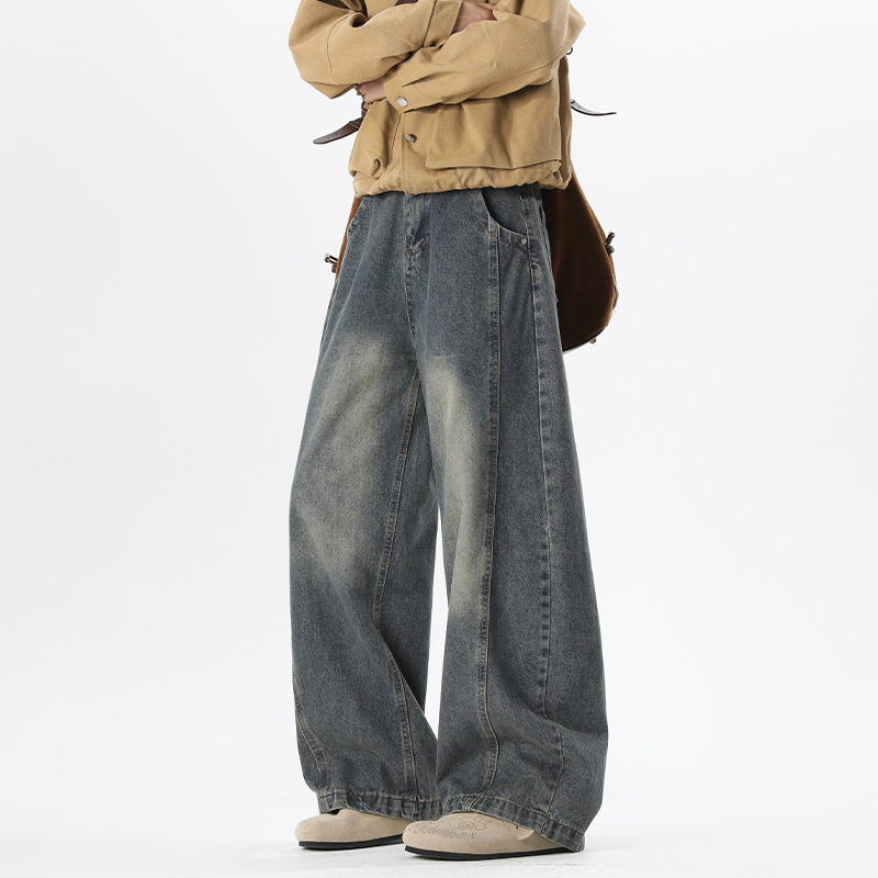 Jeanși bărbați, stil Hong Kong, croială lejeră, talie medie, nasturi în față