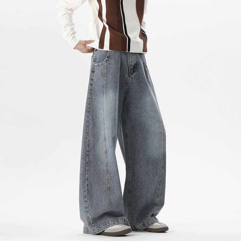 Jeanși bărbați, stil Hong Kong, croială lejeră, talie medie, nasturi în față