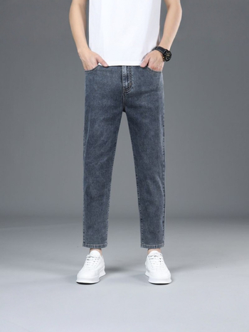 Blugi pentru bărbați cu croială dreaptă – denim, lungime de nouă părți, talie medie, fermoar, spălați