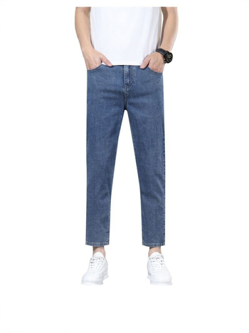 Blugi pentru bărbați cu croială dreaptă – denim, lungime de nouă părți, talie medie, fermoar, spălați