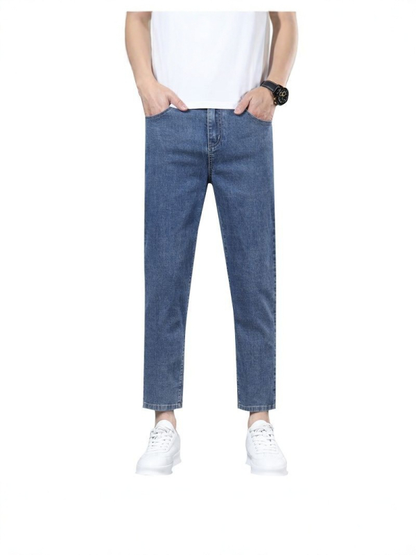 Blugi pentru bărbați cu croială dreaptă – denim, lungime de nouă părți, talie medie, fermoar, spălați