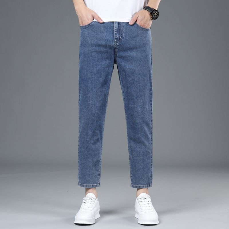 Blugi pentru bărbați cu croială dreaptă – denim, lungime de nouă părți, talie medie, fermoar, spălați