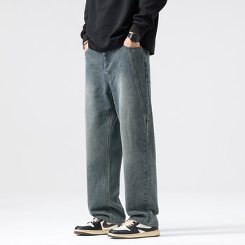 Blugi bărbați croială dreaptă, picioare largi, talie medie, închidere cu nasturi, amestec de bumbac (60% bumbac, 24,5% poliester, 15,5% poliester reciclat)