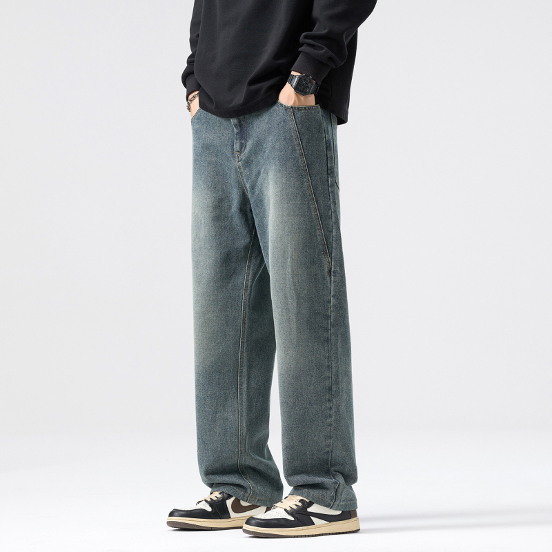 Blugi bărbați croială dreaptă, picioare largi, talie medie, închidere cu nasturi, amestec de bumbac (60% bumbac, 24,5% poliester, 15,5% poliester reciclat)