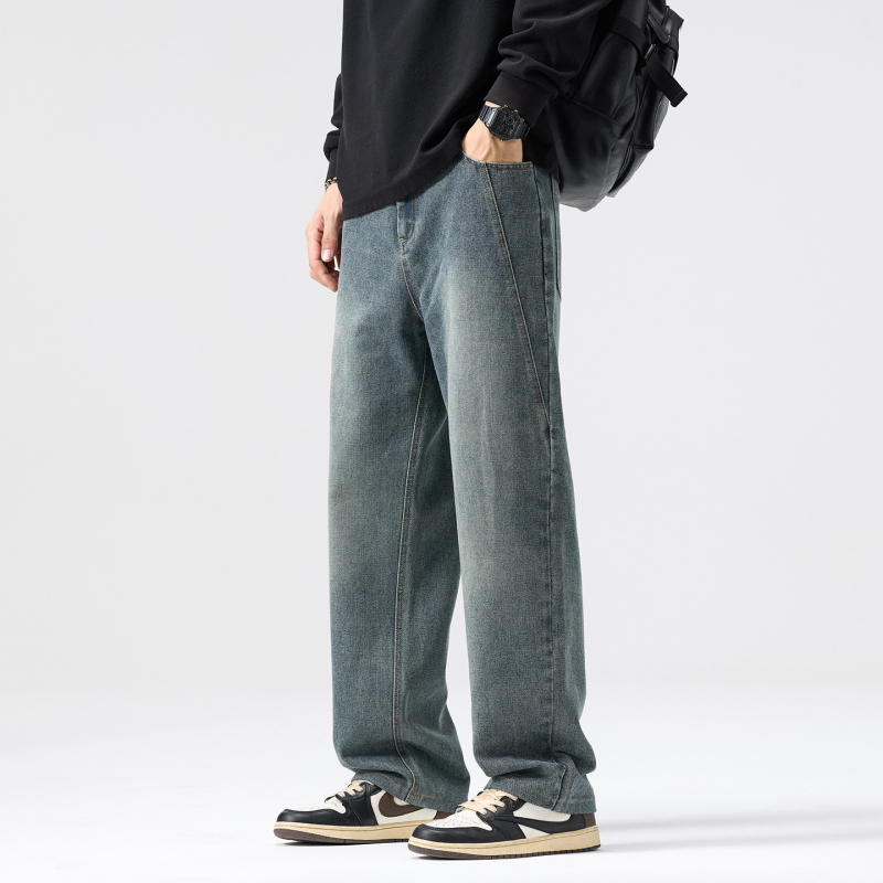 Blugi bărbați croială dreaptă, picioare largi, talie medie, închidere cu nasturi, amestec de bumbac (60% bumbac, 24,5% poliester, 15,5% poliester reciclat)