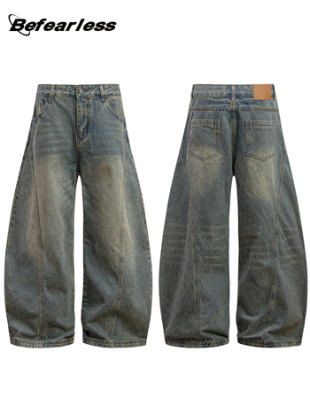 Jeanși denim bărbați, croială lejeră, talie medie, picior drept, spălați uzat, detalii cu mustăți de pisică