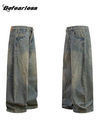 Jeanși denim bărbați, croială lejeră, talie medie, picior drept, spălați uzat, detalii cu mustăți de pisică