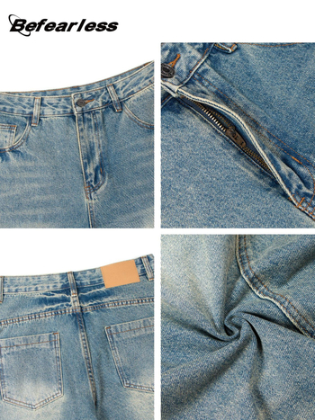 Jeanși denim bărbați, croială lejeră, talie medie, picior drept, spălați uzat, detalii cu mustăți de pisică