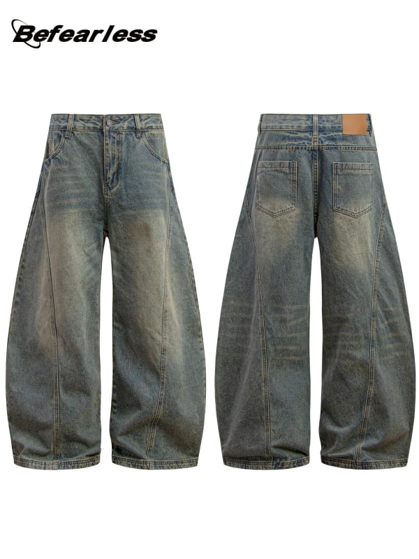 Jeanși denim bărbați, croială lejeră, talie medie, picior drept, spălați uzat, detalii cu mustăți de pisică