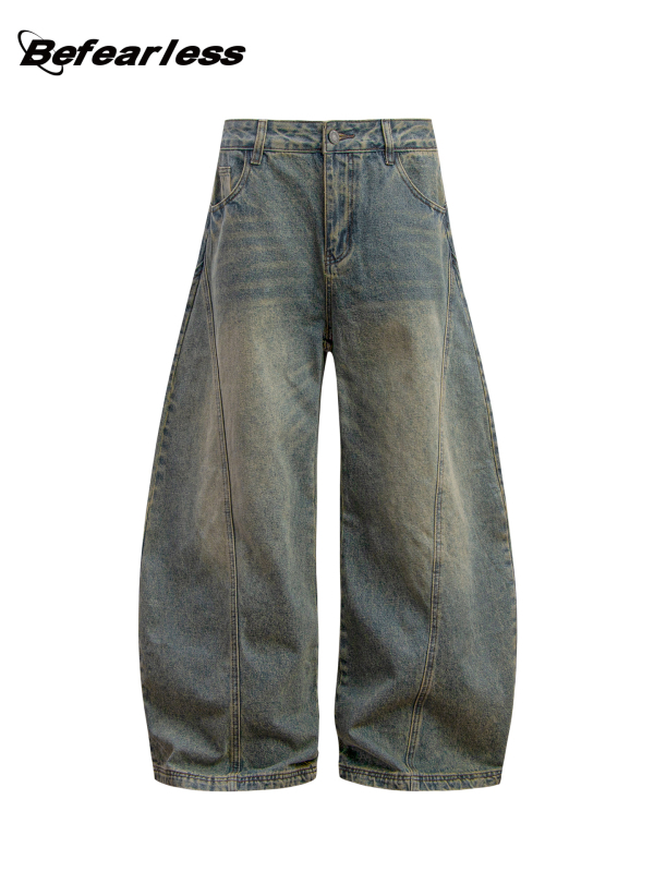 Jeanși denim bărbați, croială lejeră, talie medie, picior drept, spălați uzat, detalii cu mustăți de pisică