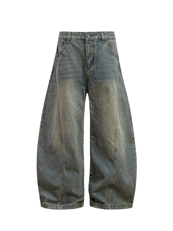 Jeanși denim bărbați, croială lejeră, talie medie, picior drept, spălați uzat, detalii cu mustăți de pisică