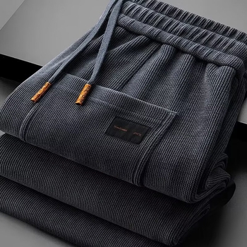 Pantaloni sport casual bărbați, căptuți cu fleece, croială dreaptă, talie mediu-înaltă, închidere cu șnur, poliester