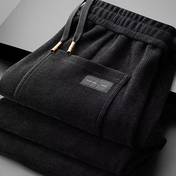 Pantaloni sport casual bărbați, căptuți cu fleece, croială dreaptă, talie mediu-înaltă, închidere cu șnur, poliester