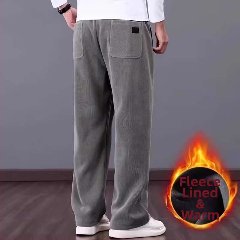Pantaloni sport casual bărbați, căptuți cu fleece, croială dreaptă, talie mediu-înaltă, închidere cu șnur, poliester