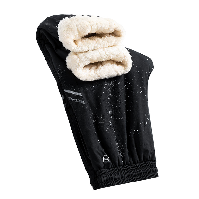 Pantaloni de iarnă pentru bărbați, căptușiți cu fleece, croială lejeră, talie medie, închidere cu șiret, material rezistent la apă și vânt