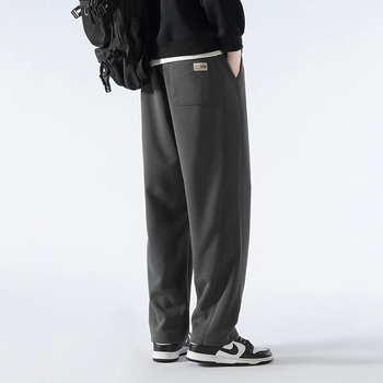 Pantaloni bărbați cu căptușeală de fleece, amestec de bumbac, stil Hong Kong, largi, talie medie cu curea și închidere cu șnur, croială dreaptă