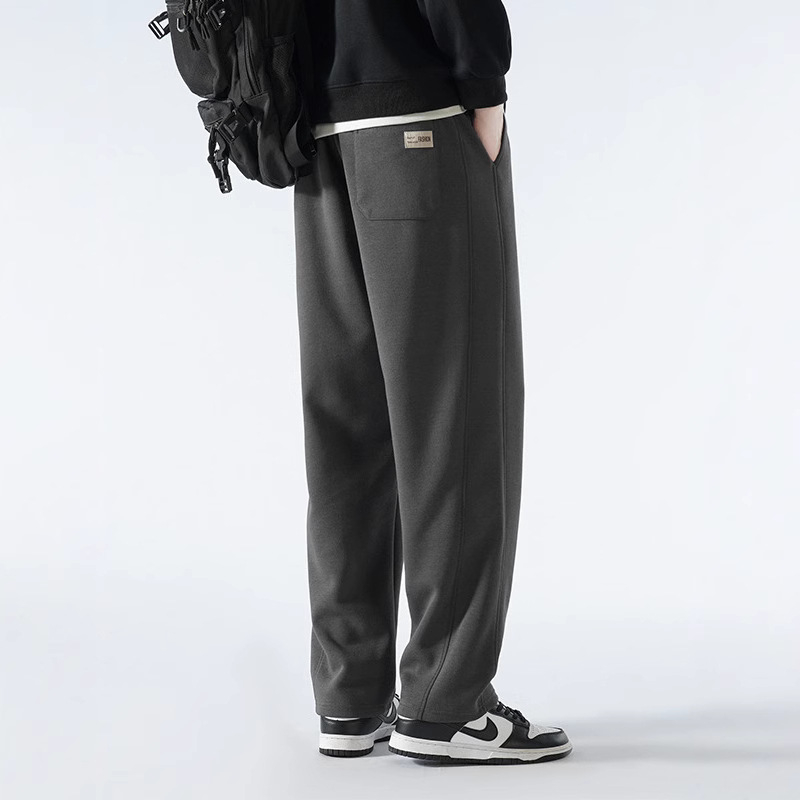 Pantaloni bărbați cu căptușeală de fleece, amestec de bumbac, stil Hong Kong, largi, talie medie cu curea și închidere cu șnur, croială dreaptă