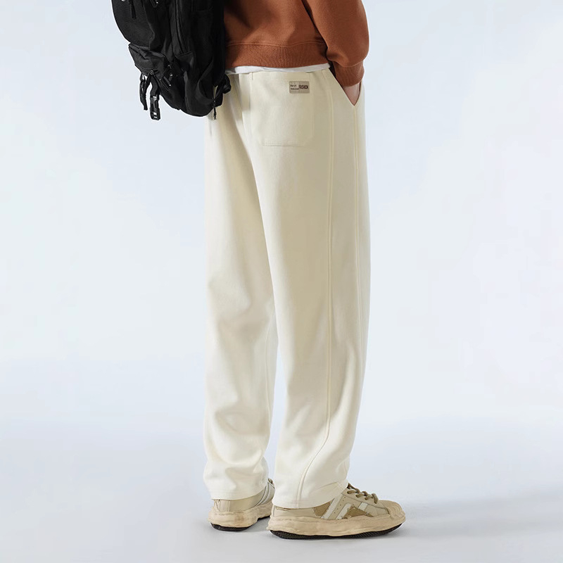 Pantaloni bărbați cu căptușeală de fleece, amestec de bumbac, stil Hong Kong, largi, talie medie cu curea și închidere cu șnur, croială dreaptă