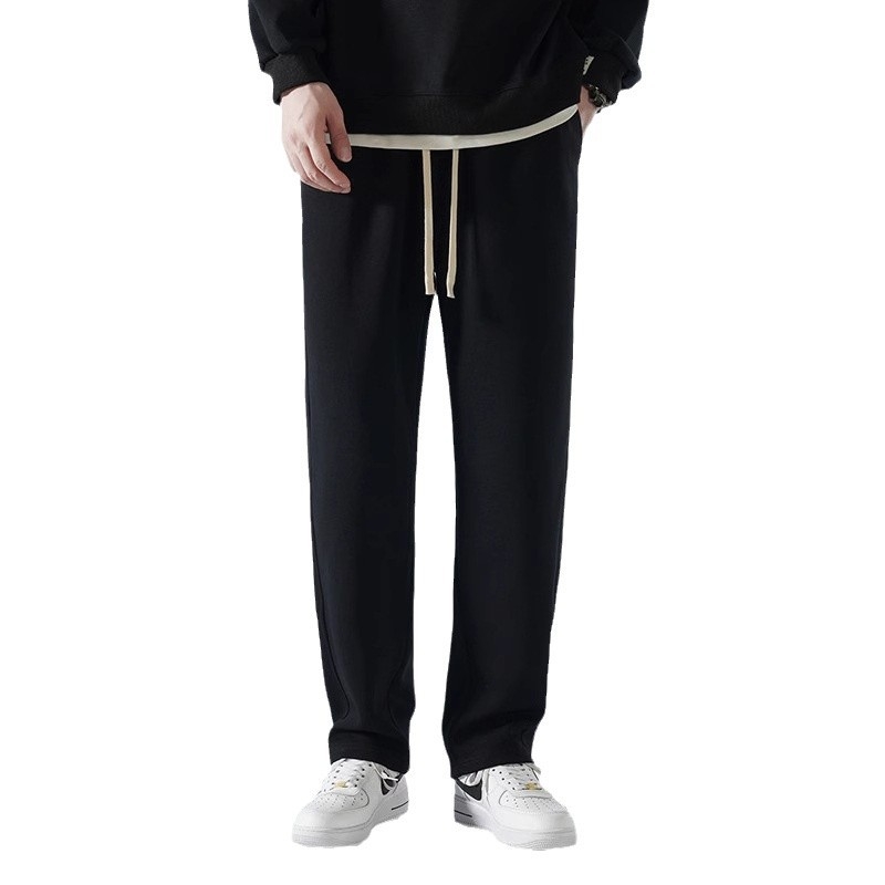 Pantaloni bărbați cu căptușeală de fleece, amestec de bumbac, stil Hong Kong, largi, talie medie cu curea și închidere cu șnur, croială dreaptă