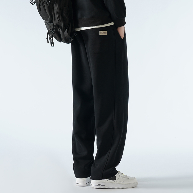 Pantaloni bărbați cu căptușeală de fleece, amestec de bumbac, stil Hong Kong, largi, talie medie cu curea și închidere cu șnur, croială dreaptă