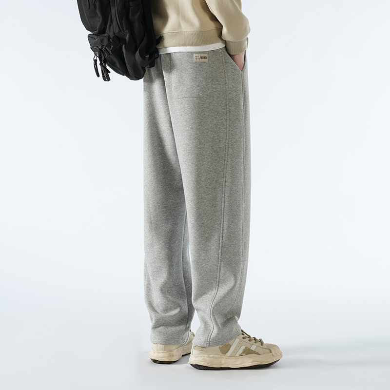 Pantaloni bărbați cu căptușeală de fleece, amestec de bumbac, stil Hong Kong, largi, talie medie cu curea și închidere cu șnur, croială dreaptă