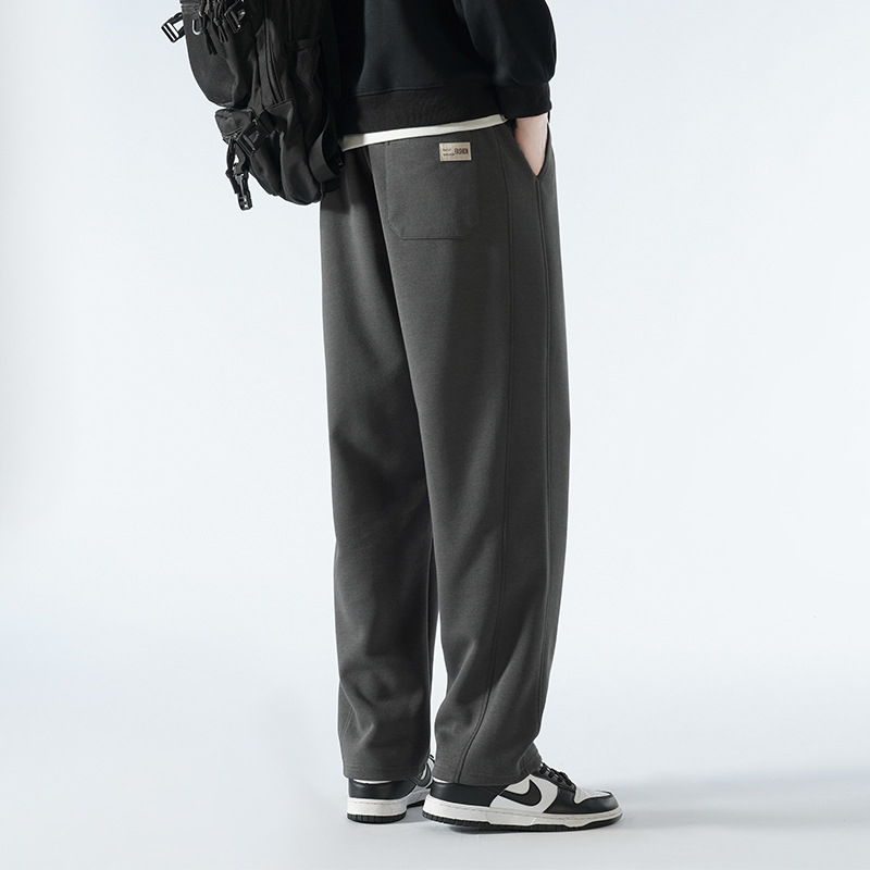 Pantaloni bărbați cu căptușeală de fleece, amestec de bumbac, stil Hong Kong, largi, talie medie cu curea și închidere cu șnur, croială dreaptă