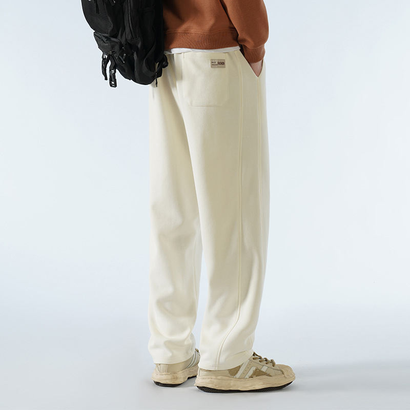 Pantaloni bărbați cu căptușeală de fleece, amestec de bumbac, stil Hong Kong, largi, talie medie cu curea și închidere cu șnur, croială dreaptă