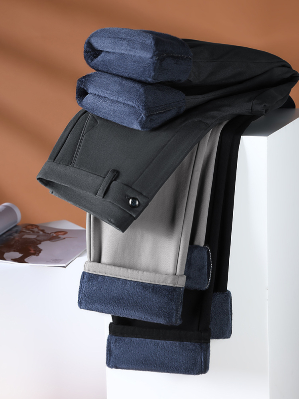 Pantaloni casual bărbați din bumbac, căptușiți cu fleece, talie înaltă, croială dreaptă, fermoar, multe buzunare, pentru iarnă