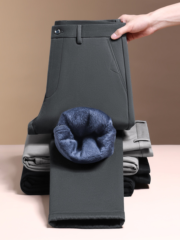Pantaloni casual bărbați din bumbac, căptușiți cu fleece, talie înaltă, croială dreaptă, fermoar, multe buzunare, pentru iarnă