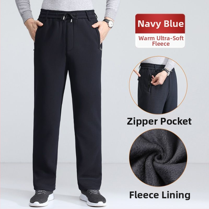 Pánske casual nohavice, elastický pás, zips, flísová výstelka pre teplo, polyesterová zmes, rovný strih