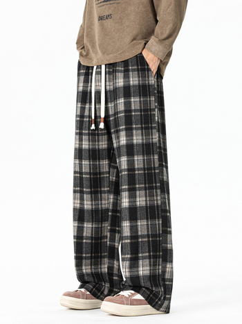 Pantaloni casual bărbați cu carouri, croială lejeră, țesătură stretch, talie medie, închidere cu șiret, toamnă