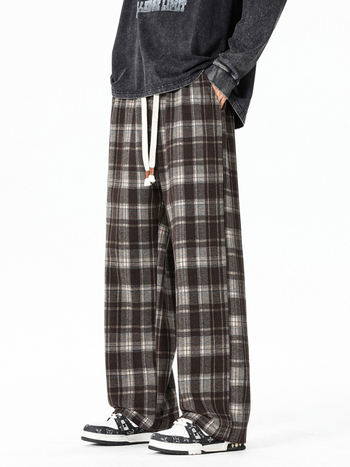 Pantaloni casual bărbați cu carouri, croială lejeră, țesătură stretch, talie medie, închidere cu șiret, toamnă