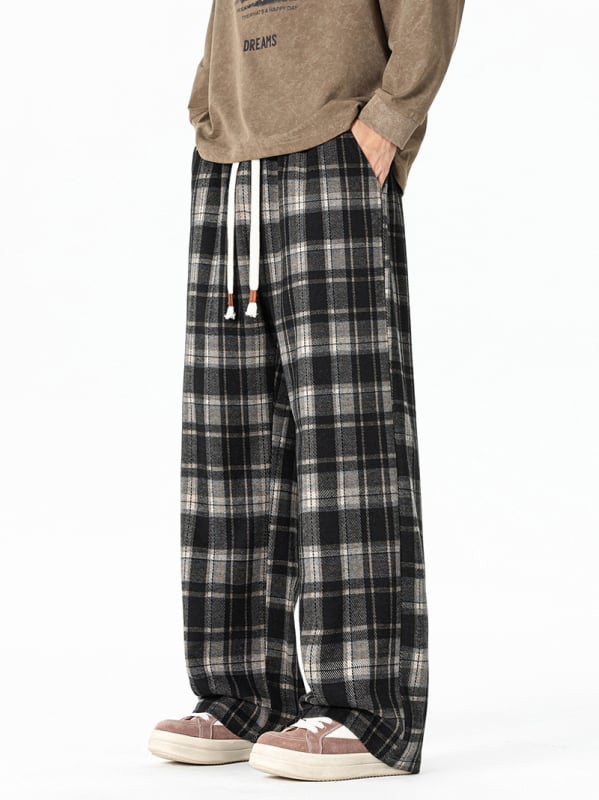 Pantaloni casual bărbați cu carouri, croială lejeră, țesătură stretch, talie medie, închidere cu șiret, toamnă