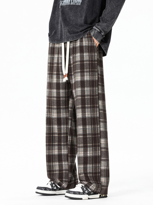 Pantaloni casual bărbați cu carouri, croială lejeră, țesătură stretch, talie medie, închidere cu șiret, toamnă